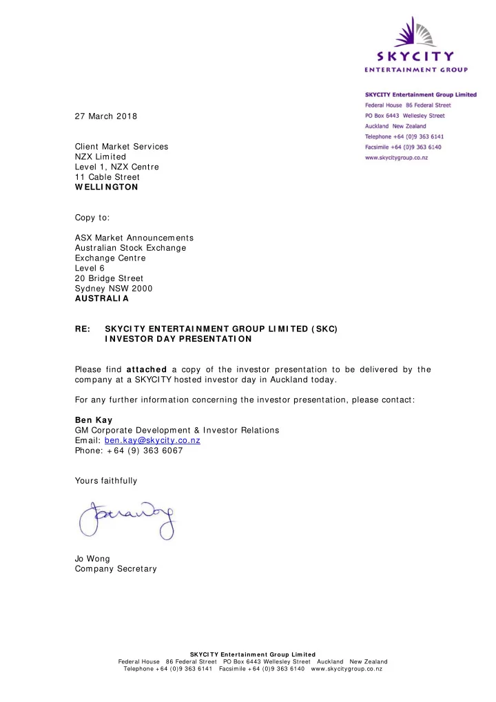 27 march 2018 client market services nzx limited level 1