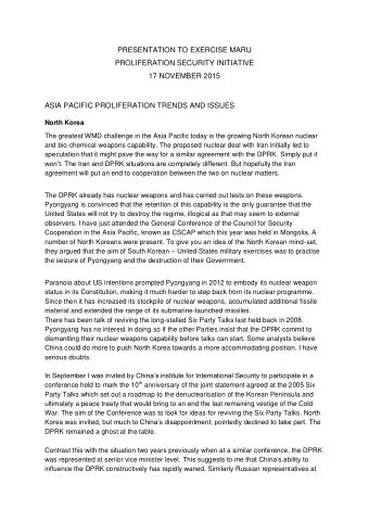 PRESENTATION TO EXERCISE MARU  PROLIFERATION SECURITY INITIATIVE  17 NOVEMBER 2015  ASIA PACIFIC