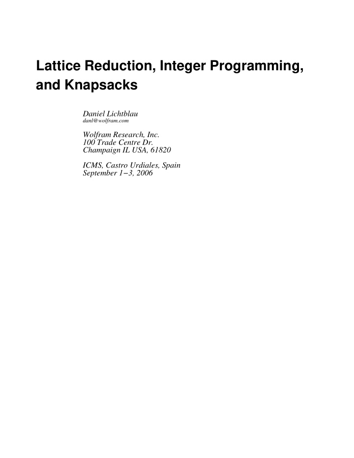 lattice reduction integer programming and knapsacks