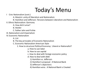Todays Menu  I    Civic Nationalism (cont.)  A. Mazzini: unity of liberalism and Nationalism  B.