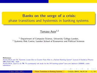 Banks on the verge of a crisis:  phase transitions and hysteresis in banking systems Tomaso Aste 1
