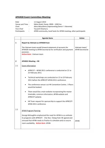 APAN30 Event Committee Meeting  Date  :  12 August 2010  Venue and Time  :  Melia Hotel, Hanoi,