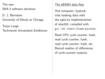 The new  The eBASH data flow  SHA-3 software shootout One computer, hydra6 ,  D. J. Bernstein