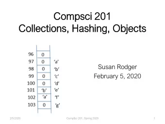 Compsc  sci 201  201  Colle  lectio  ions  ns, Hashing  hing, O  Objects  Susan Rodger  February 5,