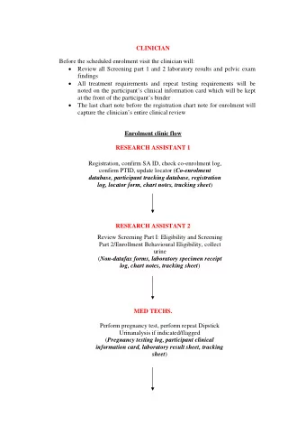 CLINICIAN  Before the scheduled enrolment visit the clinician will:  Review all Screening part 1