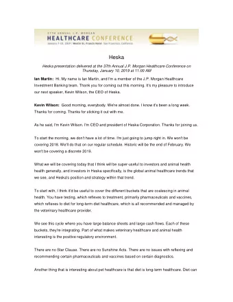 Heska  Heska presentation delivered at the 37th Annual J.P. Morgan Healthcare Conference on
