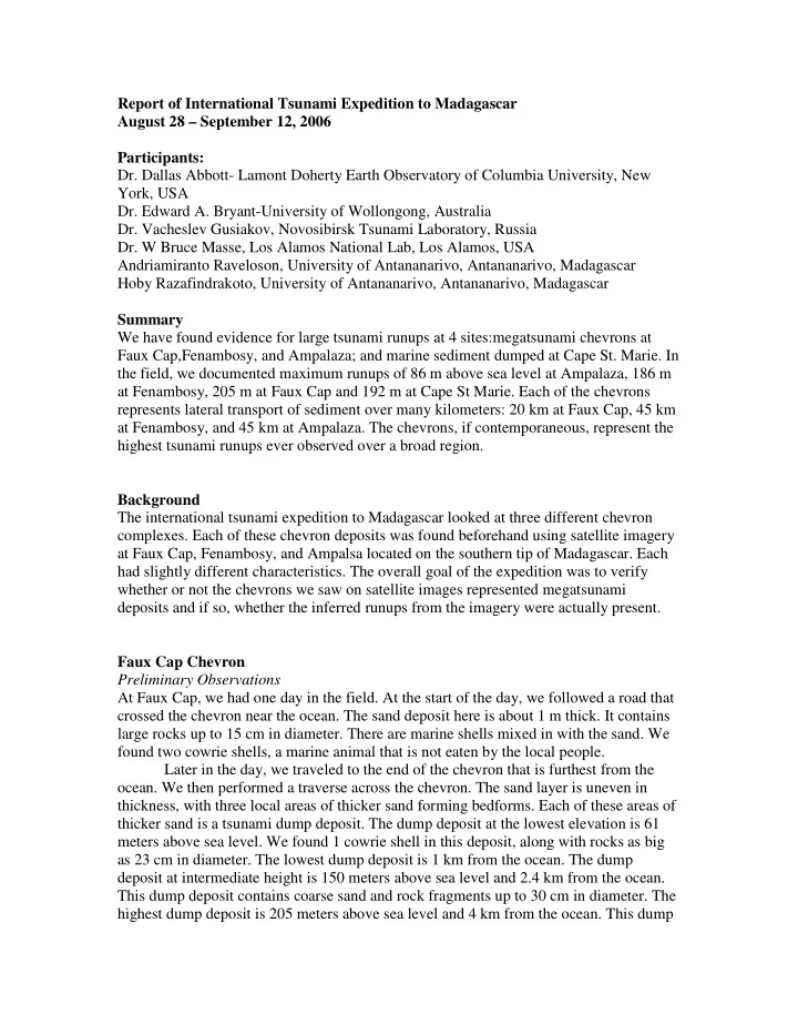 report of international tsunami expedition to madagascar