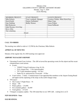 Minutes of the  GILLESPIE COUNTY AIRPORT ADVISORY BOARD  Monday, Aug 17, 2020  Zoom Meeting