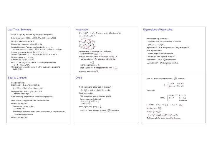 last time summary hypercube eigenvalues of hypercube