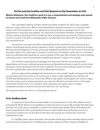 Get The Lead Out Coalition and FLAC Response to City Presentation on 3/22  Mission Statement: Our