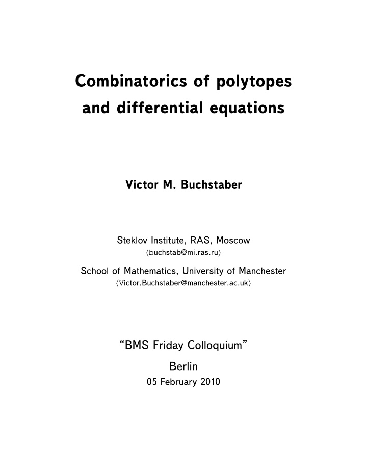 combinatorics of polytopes and differential equations