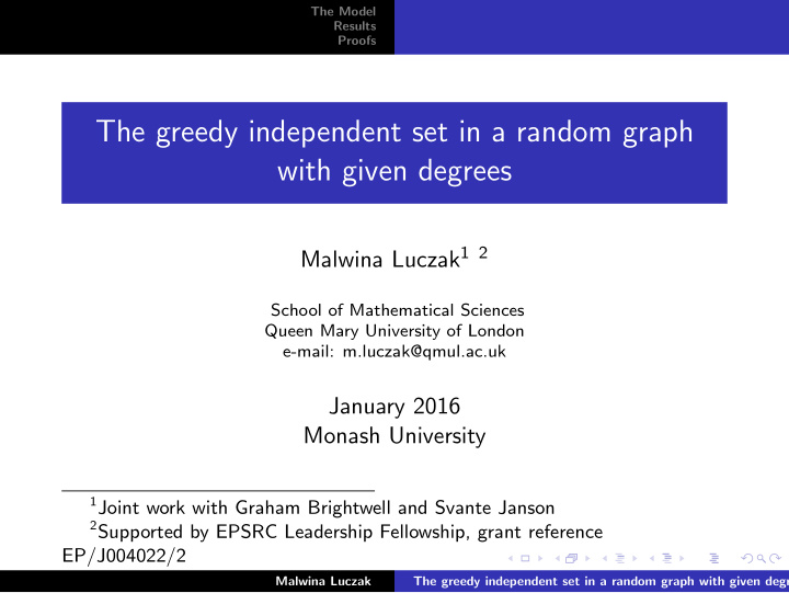 the greedy independent set in a random graph with given