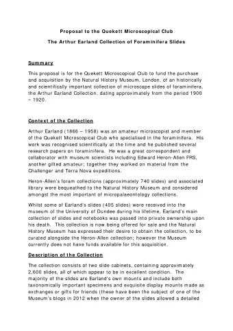 Proposal to the Quekett Microscopical Club  The Arthur Earland Collection of Foram inifera Slides