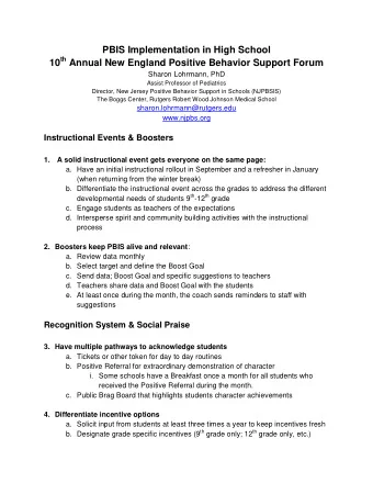 PBIS Implementation in High School 10 th Annual New England Positive Behavior Support Forum  Sharon