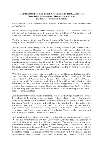THE PRESIDENT OF THE UNITED NATIONS GENERAL ASSEMBLY Lectio Prima - Presentation of Doctor Honoris