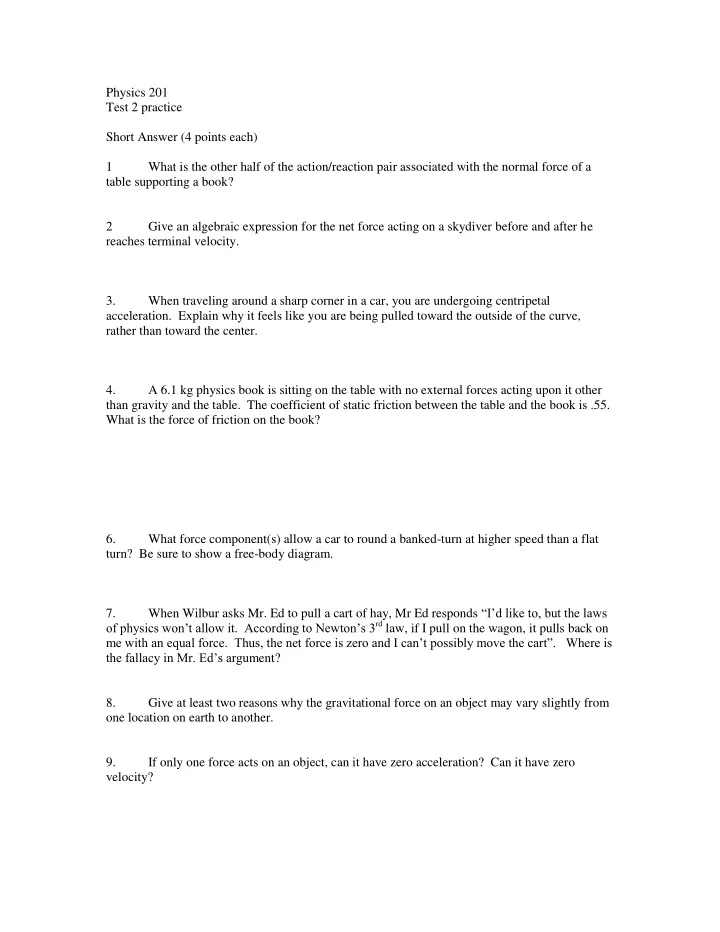 physics 201 test 2 practice short answer 4 points each 1