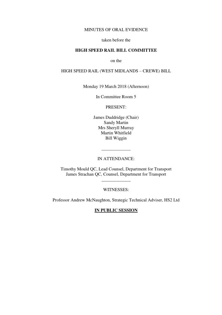 minutes of oral evidence taken before the high speed rail