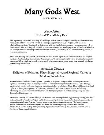 Many Gods West  Presentation List  Anaar Niino  Feri and The Mighty Dead  This is primarily a lore