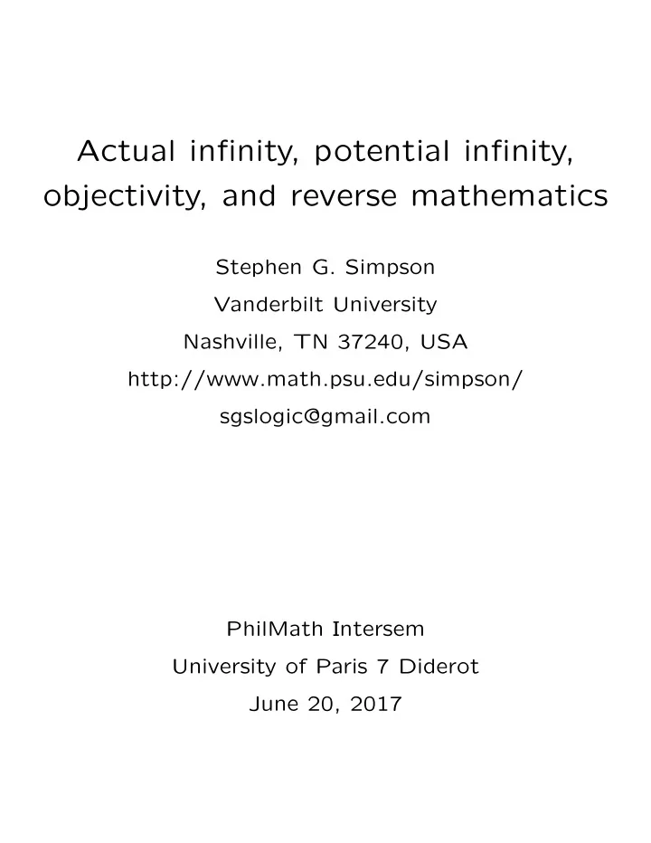 actual infinity potential infinity objectivity and