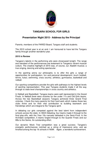 TANGARA SCHOOL FOR GIRLS  Presentation Night 2015 - Address by the Principal Parents, members of
