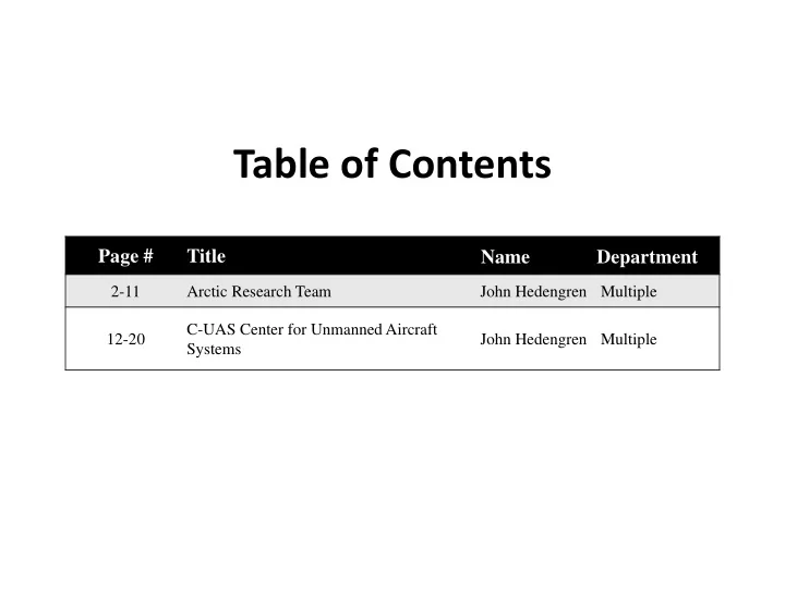 table of contents
