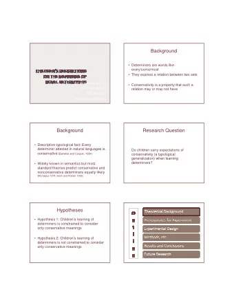 Background   Determiners are words like  every/some/most   They express a relation between