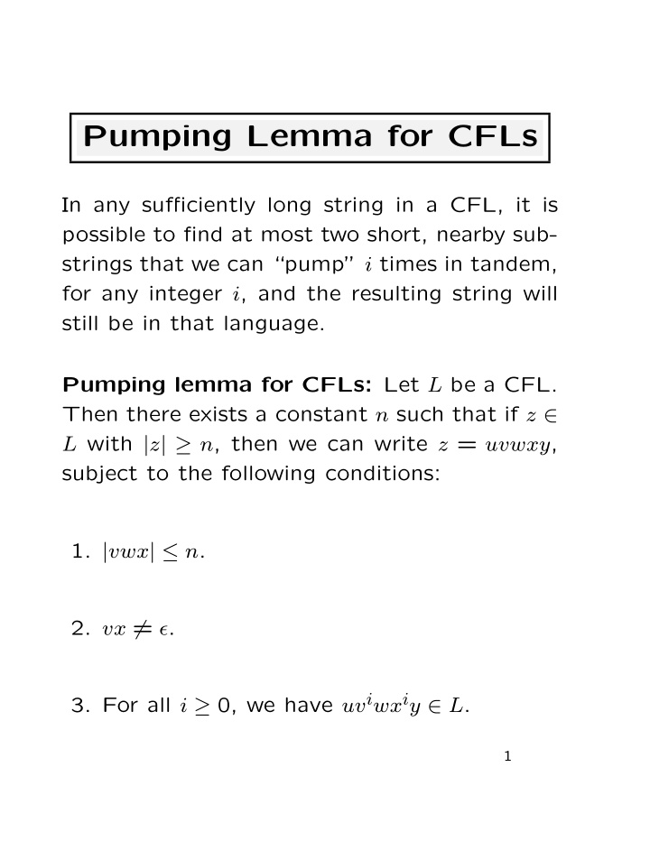 pumping lemma for cfls
