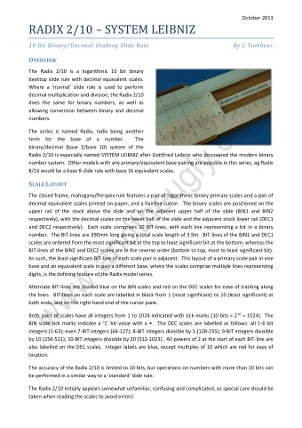 RADIX 2/10  SYSTEM LEIBNIZ  10 Bit Binary/Decimal Desktop Slide Rule  By C Tombeur O VERVIEW