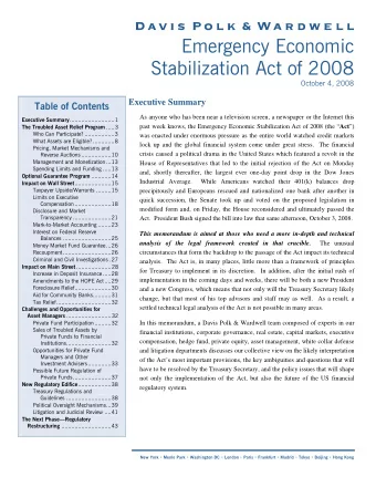 Emergency Economic  Stabilization Act of 2008  October 4, 2008  Executive Summary  Table of