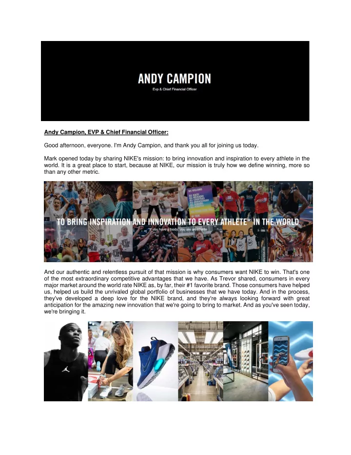 andy campion evp chief financial officer good afternoon