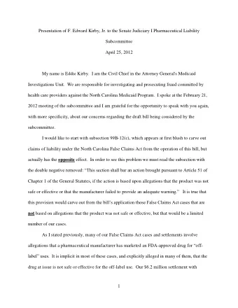 Presentation of F. Edward Kirby, Jr. to the Senate Judiciary I Pharmaceutical Liability