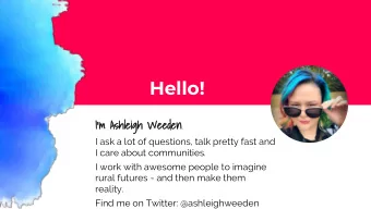 Hello! Im Ashleigh Weeden .  I ask a lot of questions, talk pretty fast and  I care about