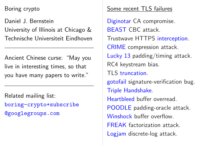 boring crypto some recent tls failures daniel j bernstein