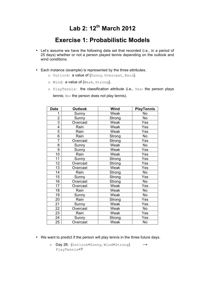 lab 2 12 th march 2012 exercise 1 probabilistic models