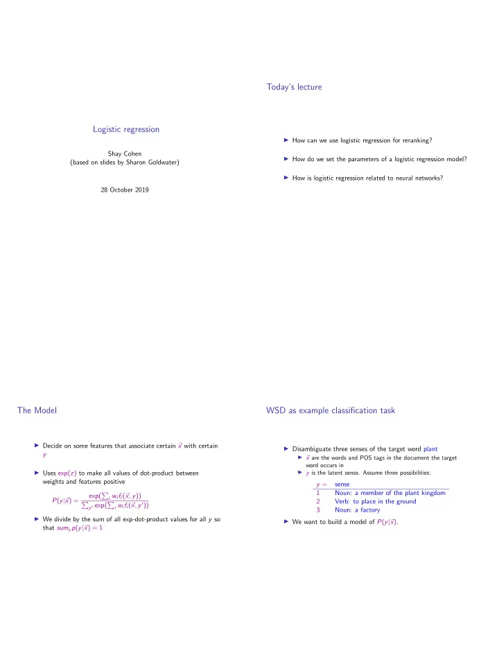 today s lecture logistic regression