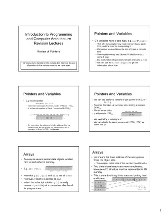 Pointers and Variables  Introduction to Programming  and Computer Architecture  Cs variables