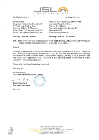 JINDAL STA IN LESS  JSHL/BM-3/2018-19 October 30 , 2018  BSE Limited National Stock Exchange of
