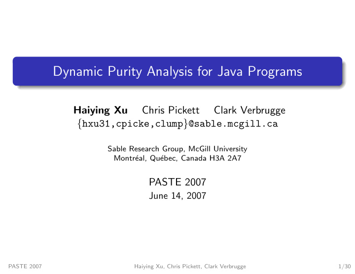 dynamic purity analysis for java programs