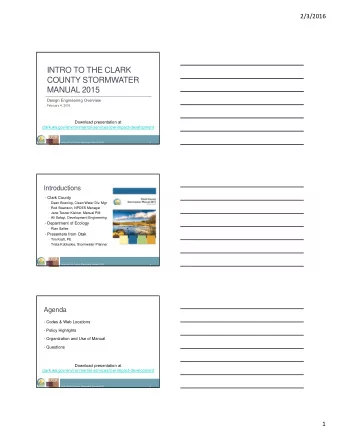 INTRO TO THE CLARK  COUNTY STORMWATER  MANUAL 2015  Design Engineering Overview  February 4, 2016