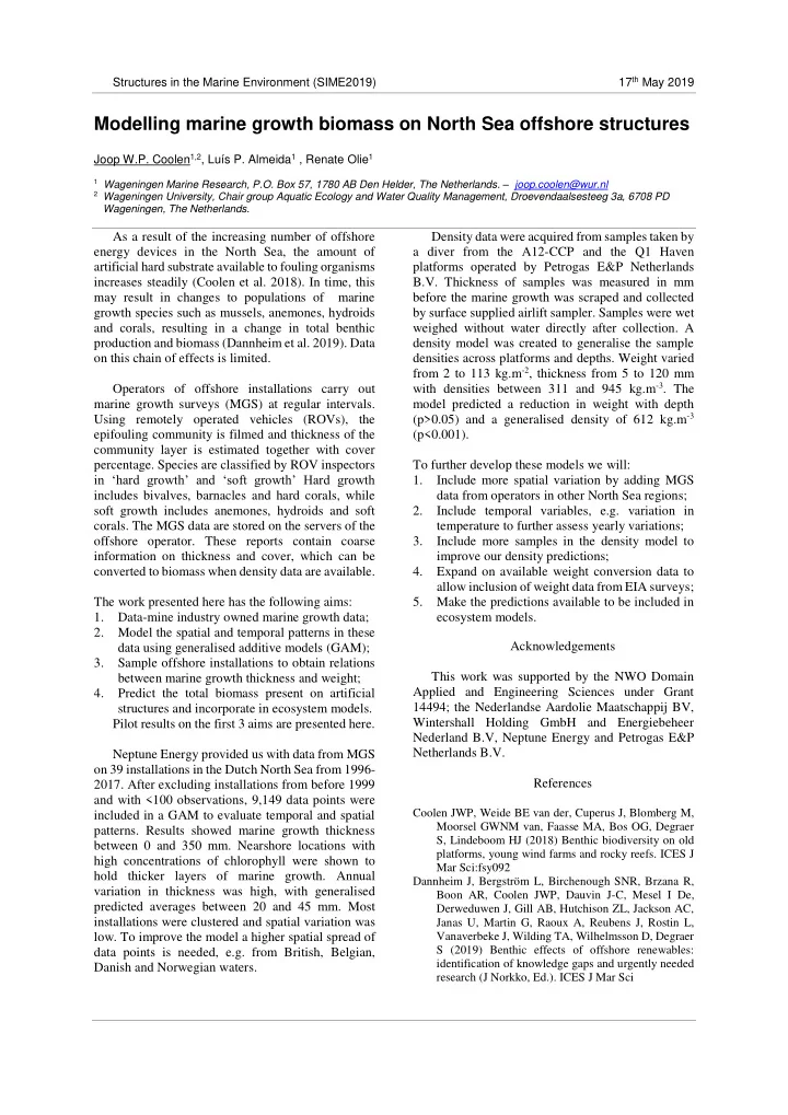 modelling marine growth biomass on north sea offshore