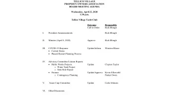 TELLICO VILLAGE  PROPERTY OWNERS ASSOCIATION  BOARD MEETING AGENDA  Wednesday, April 22, 2020  1:30