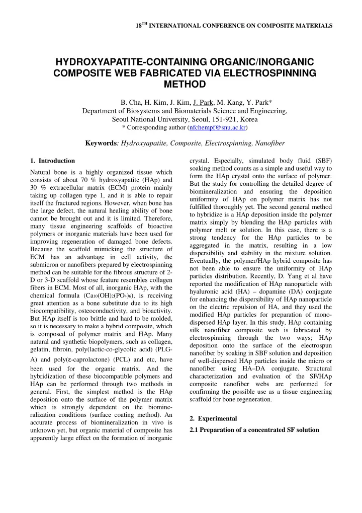 hydroxyapatite containing organic inorganic composite web