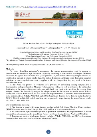 SciForum MOL2NET Person Re-identification by Null Space Marginal Fisher Analysis Husheng Dong 1, 2