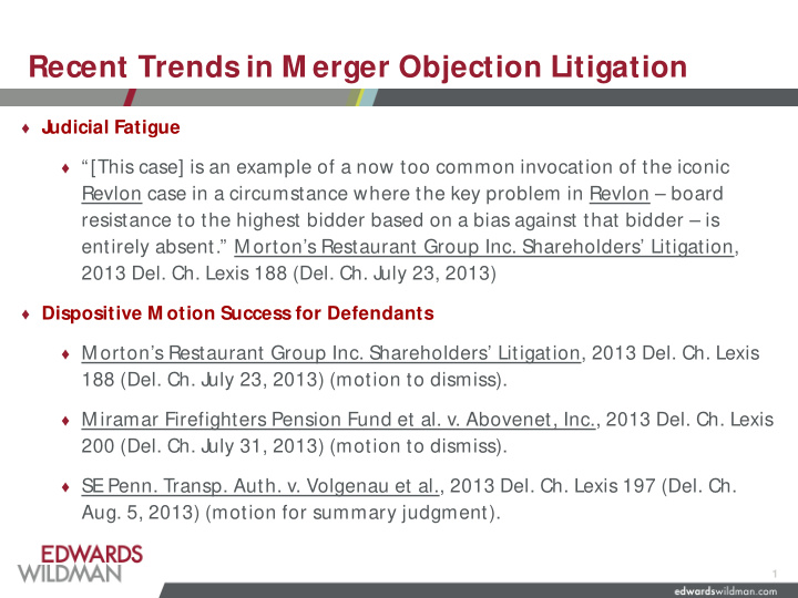 recent trends in m erger objection litigation