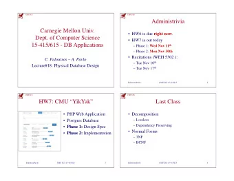 Administrivia  Carnegie Mellon Univ.  HW6 is due right now .  Dept. of Computer Science   HW7
