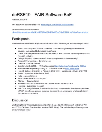 deRSE19 - FAIR Software BoF  Potsdam, 5/6/2019 This document is also available via