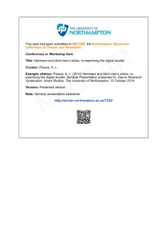 R This work has been submitted to NECTAR , the Northampton Electronic Collection of Theses and