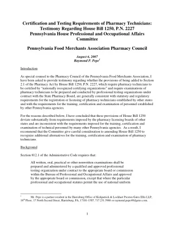 Certification and Testing Requirements of Pharmacy Technicians: Testimony Regarding House Bill