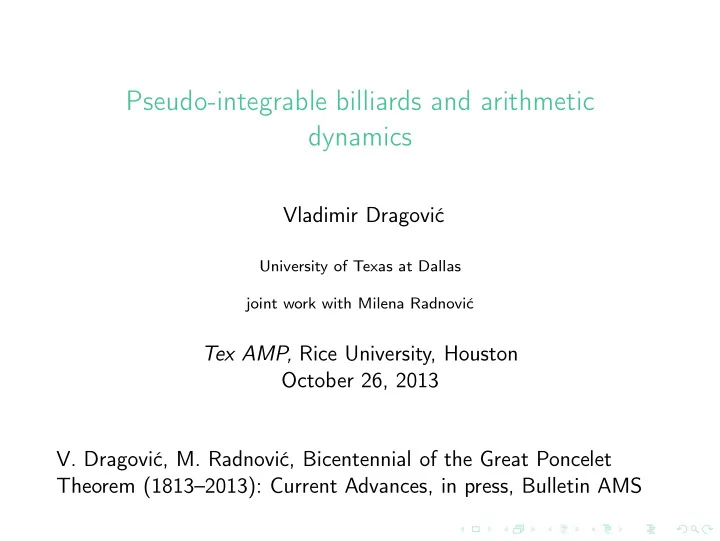 pseudo integrable billiards and arithmetic dynamics