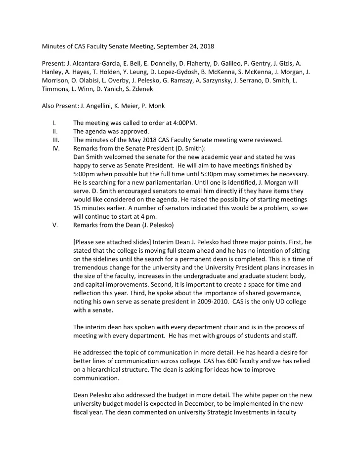 minutes of cas faculty senate meeting september 24 2018
